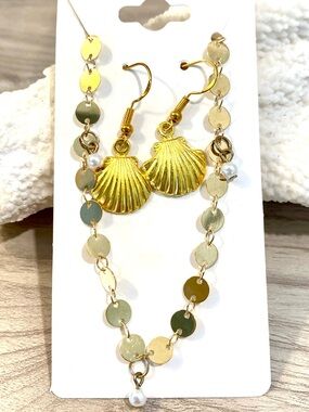 65. Gold Shell Drop Earrings and anklet Set